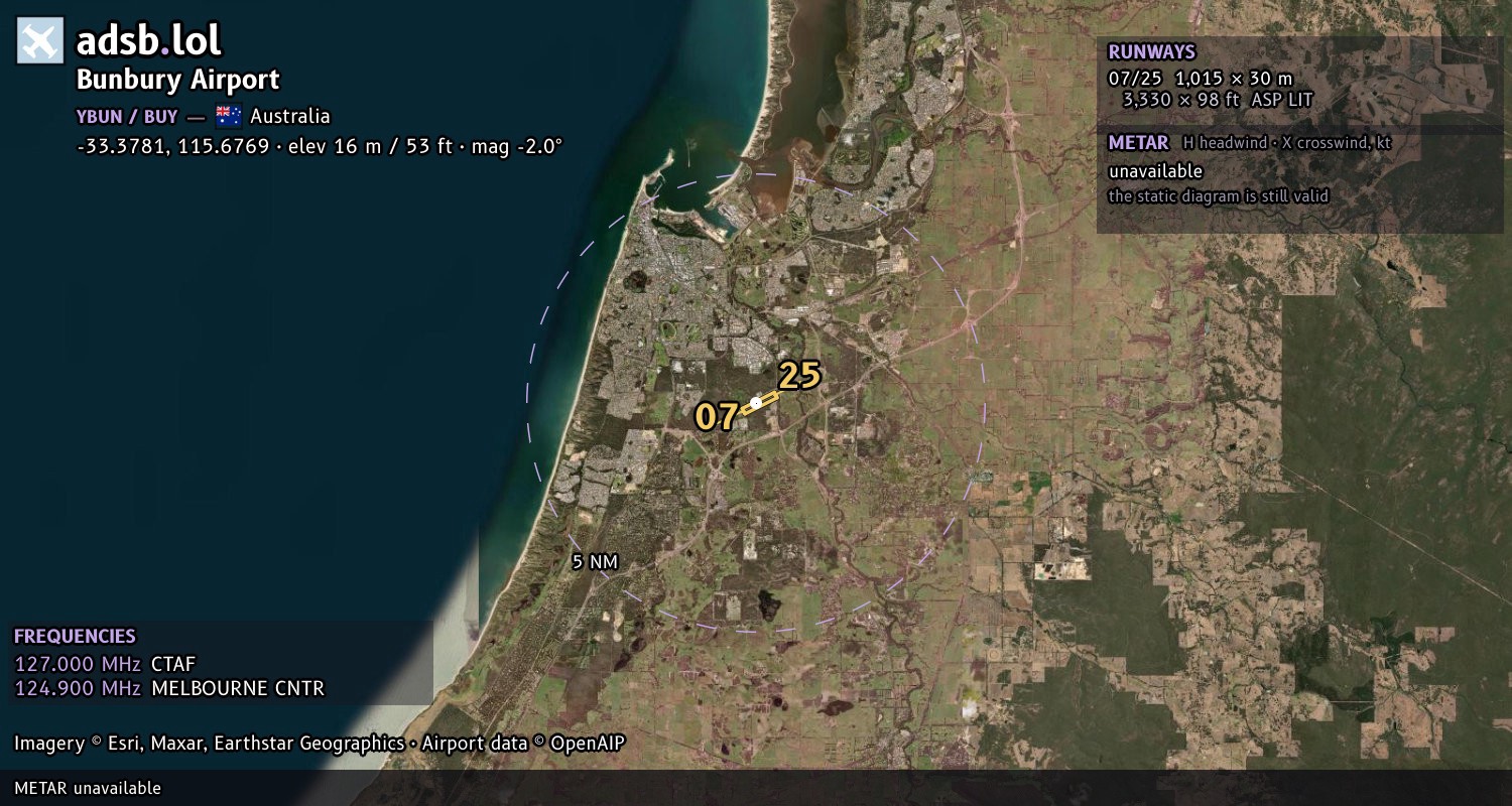 Satellite map with the runway layout of Bunbury Airport (YBUN)