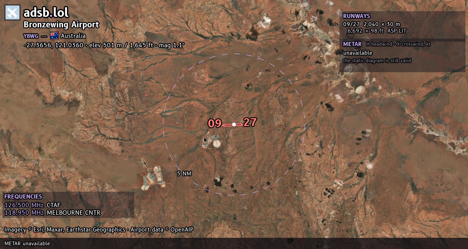 Satellite map with the runway layout of Bronzewing Airport (YBWG)
