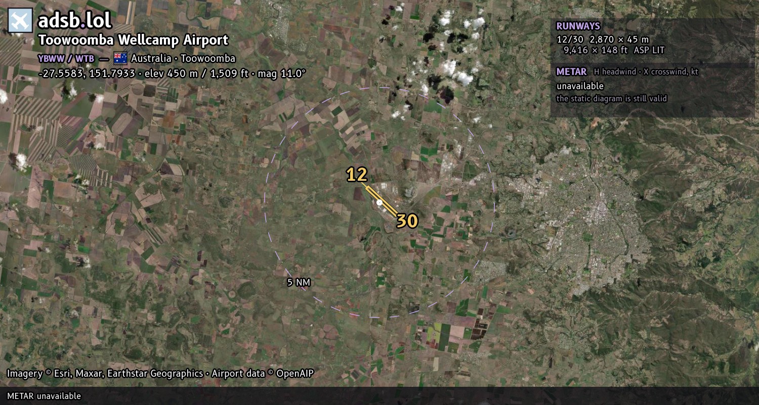 Satellite map with the runway layout of Toowoomba Wellcamp Airport (YBWW)