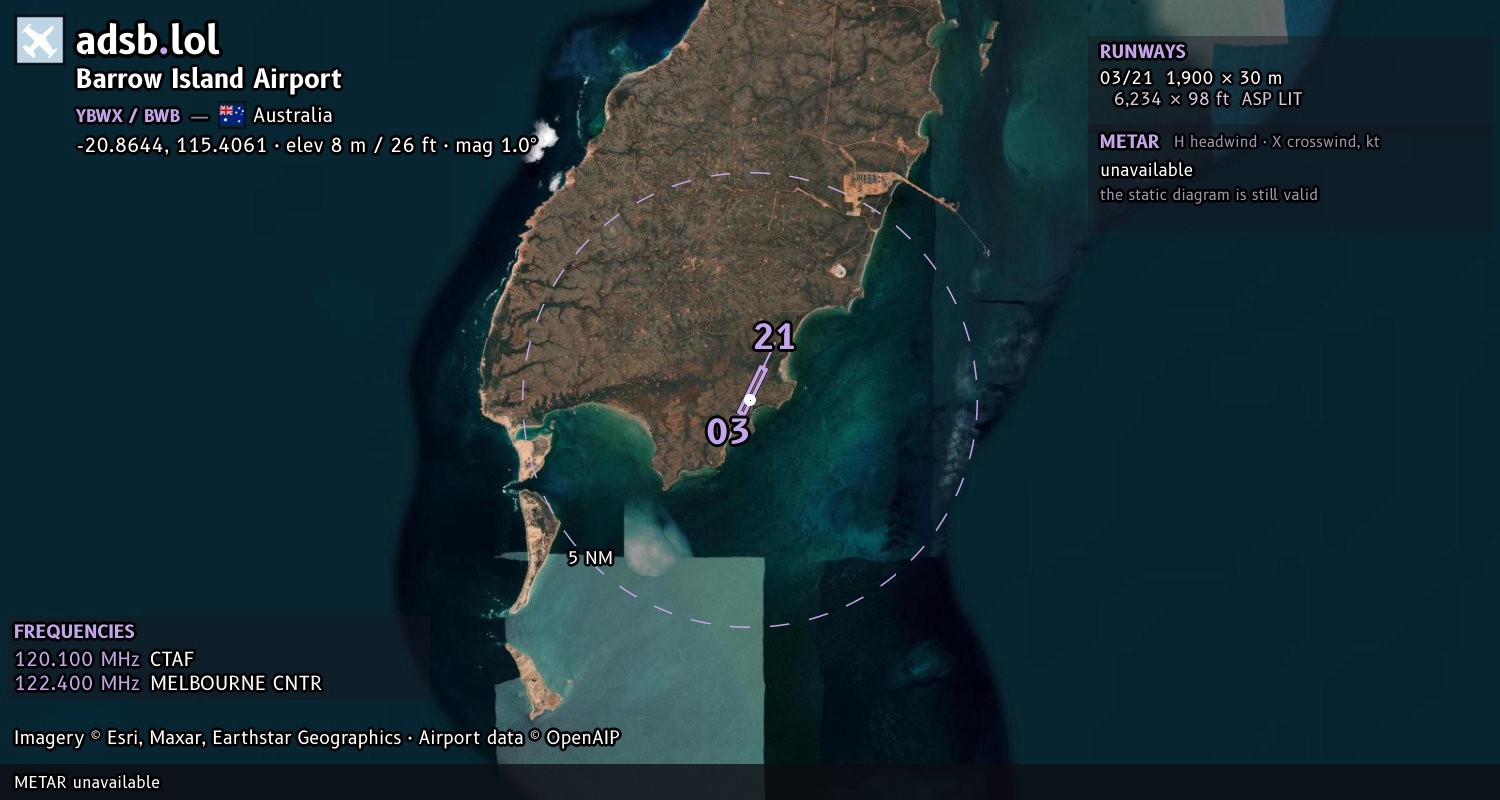 Satellite map with the runway layout of Barrow Island Airport (YBWX)
