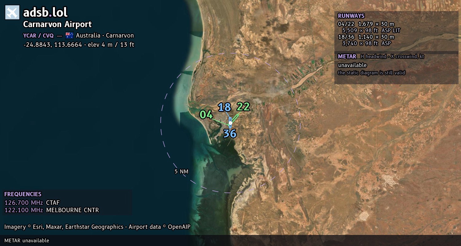 Satellite map with the runway layout of Carnarvon Airport (YCAR)