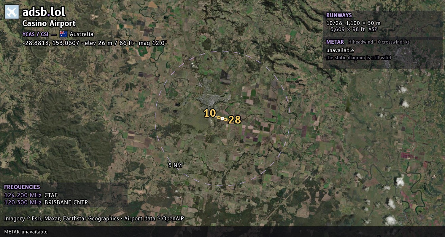 Satellite map with the runway layout of Casino Airport (YCAS)