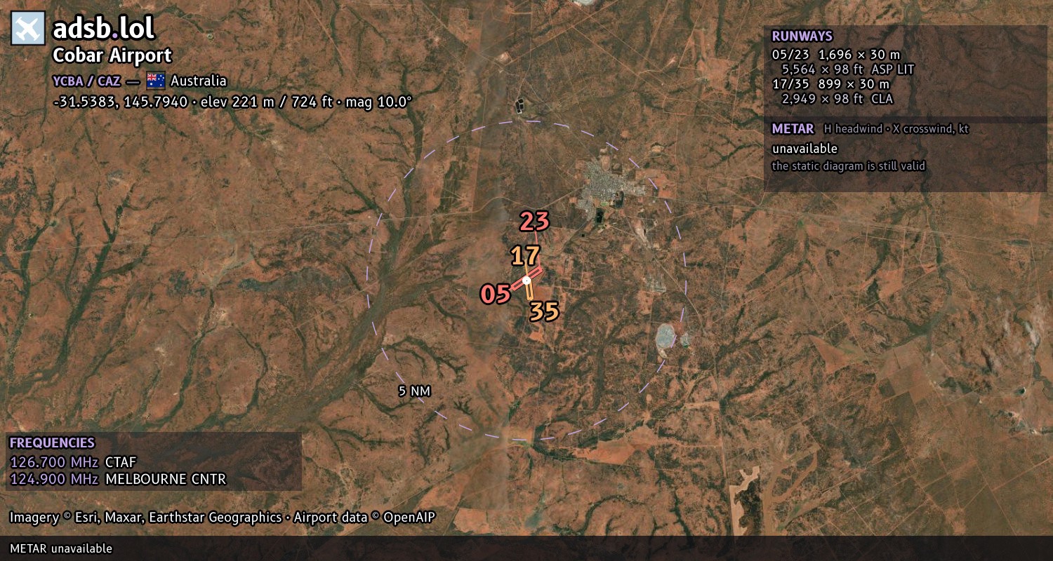 Satellite map with the runway layout of Cobar Airport (YCBA)