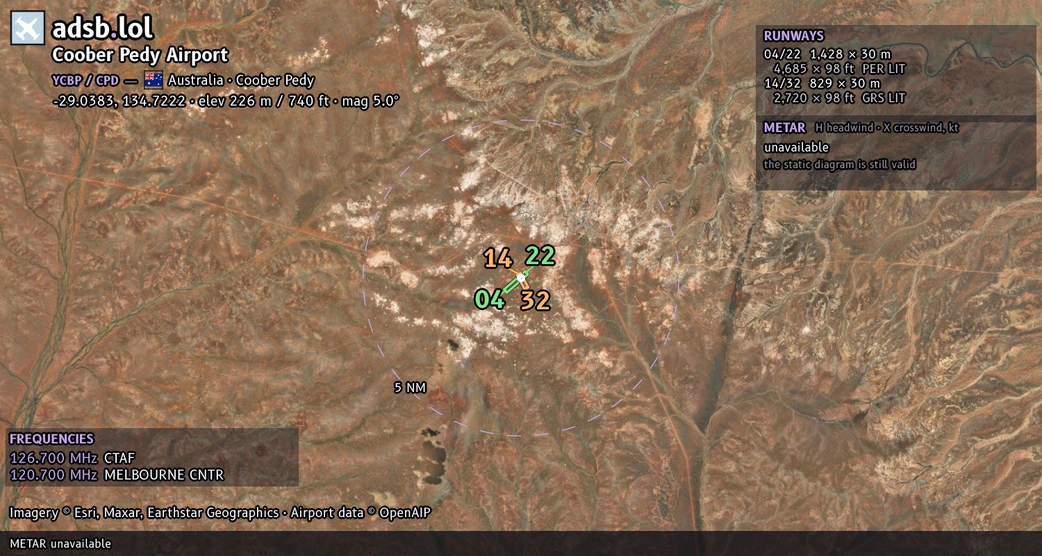Satellite map with the runway layout of Coober Pedy Airport (YCBP)