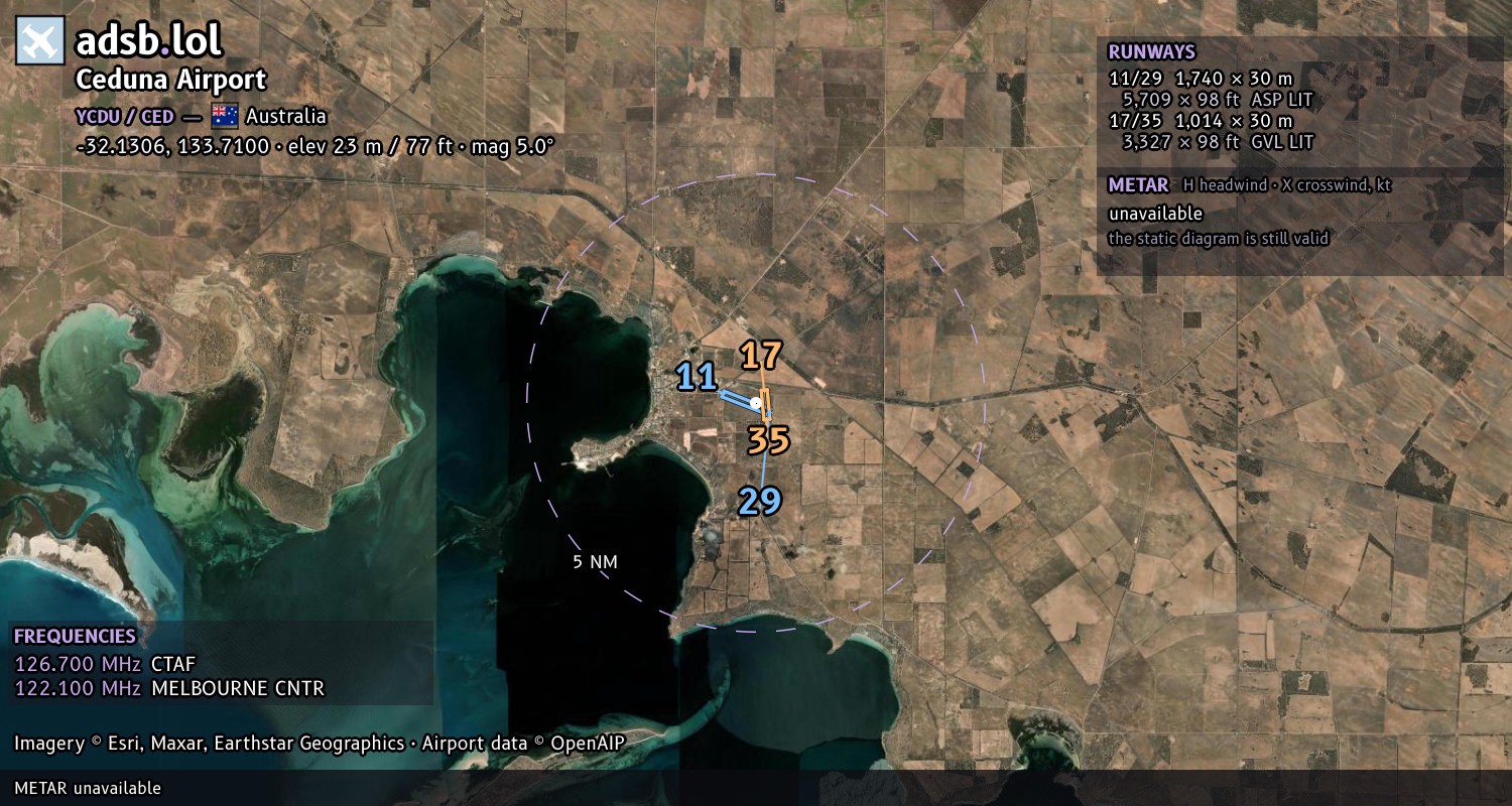 Satellite map with the runway layout of Ceduna Airport (YCDU)