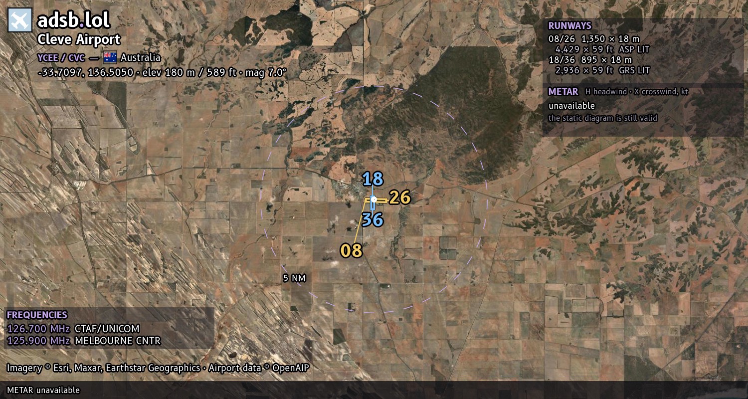 Satellite map with the runway layout of Cleve Airport (YCEE)
