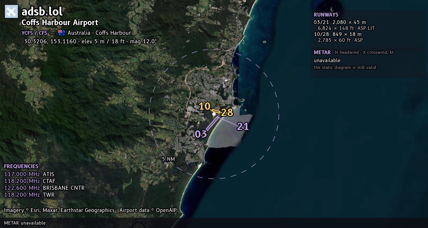 Satellite map with the runway layout of Coffs Harbour Airport (YCFS)