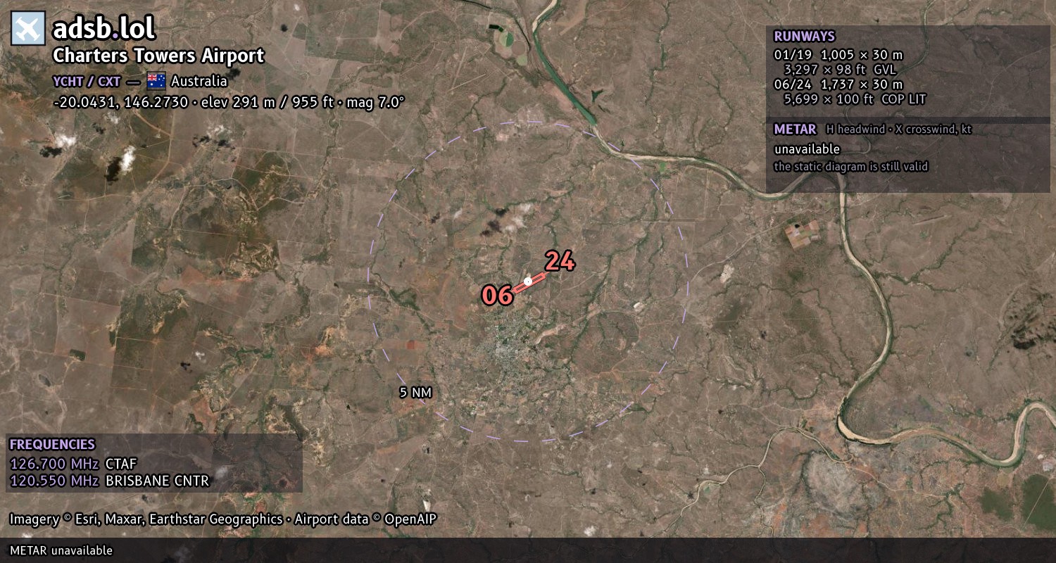 Satellite map with the runway layout of Charters Towers Airport (YCHT)