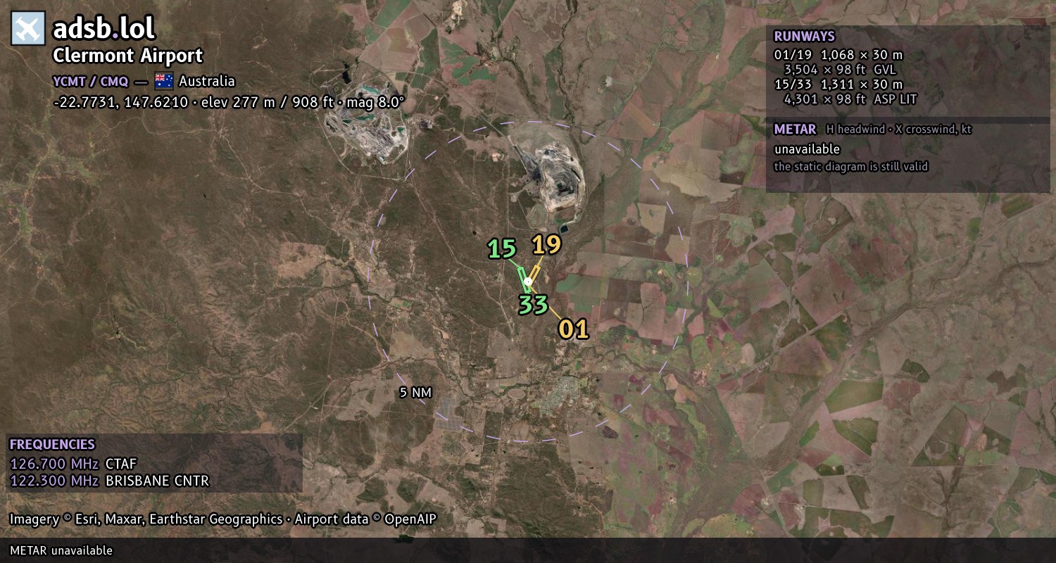 Satellite map with the runway layout of Clermont Airport (YCMT)