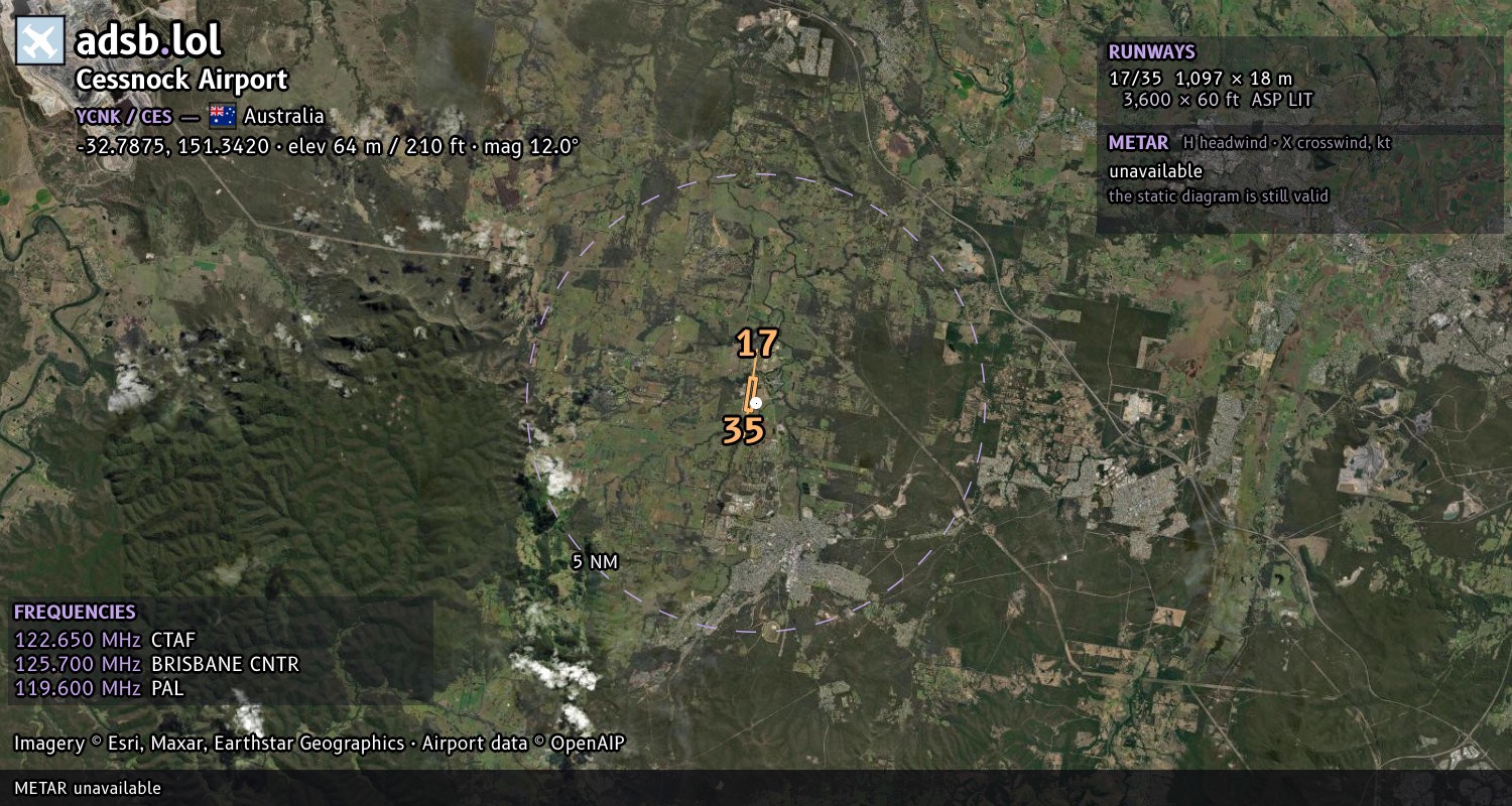 Satellite map with the runway layout of Cessnock Airport (YCNK)