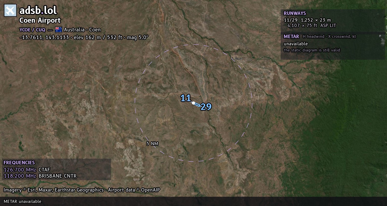 Satellite map with the runway layout of Coen Airport (YCOE)