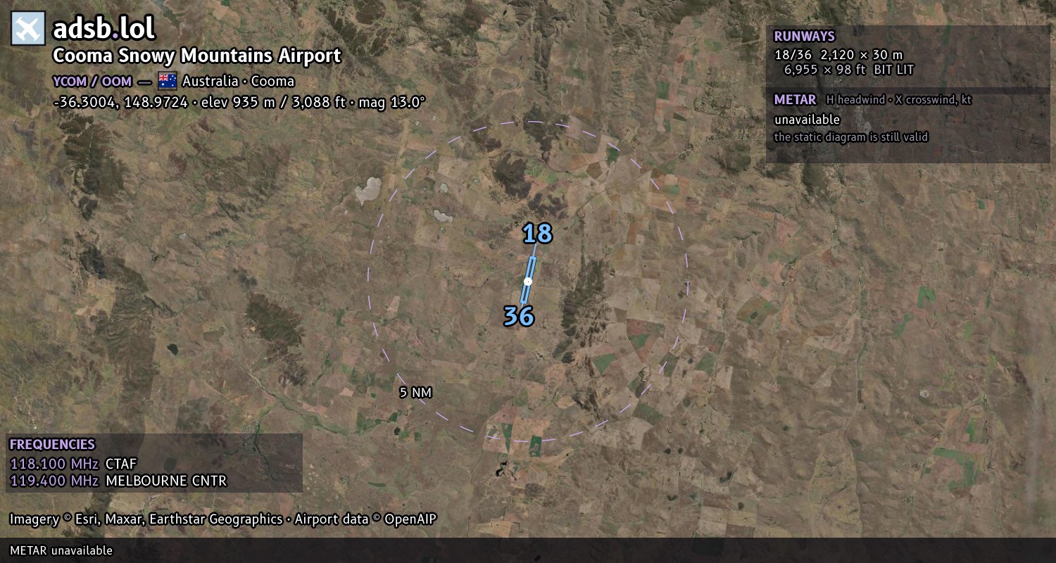 Satellite map with the runway layout of Cooma Snowy Mountains Airport (YCOM)