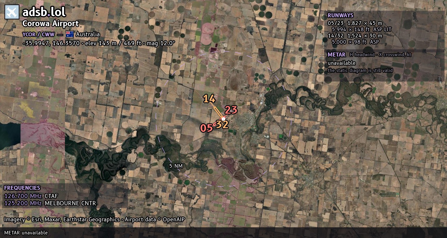 Satellite map with the runway layout of Corowa Airport (YCOR)