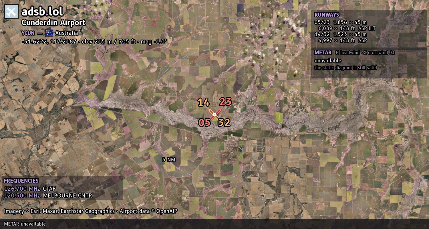 Satellite map with the runway layout of Cunderdin Airport (YCUN)