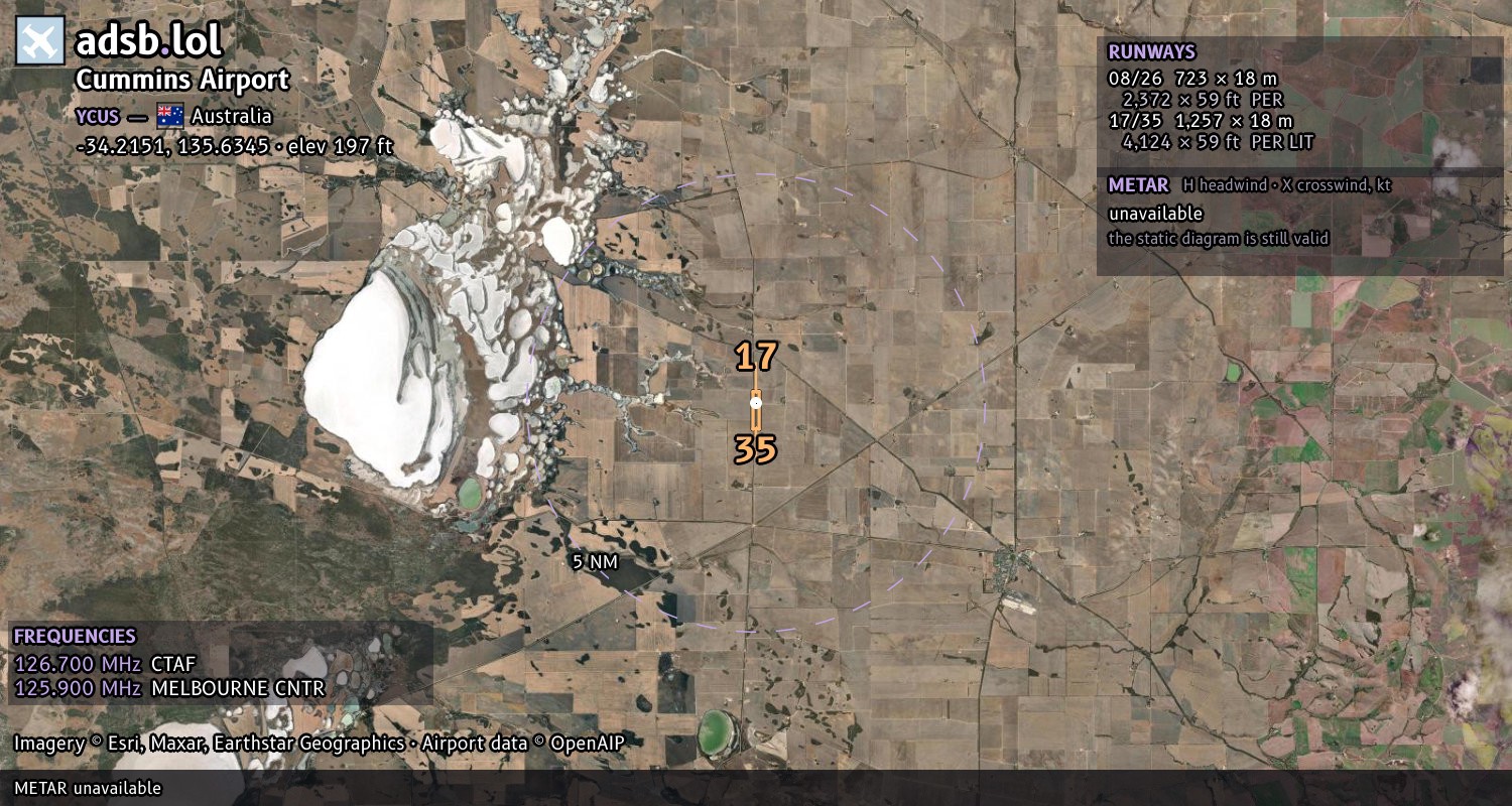 Satellite map with the runway layout of Cummins Airport (YCUS)