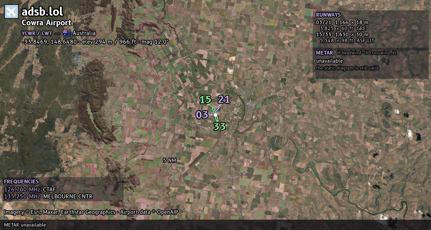 Satellite map with the runway layout of Cowra Airport (YCWR)