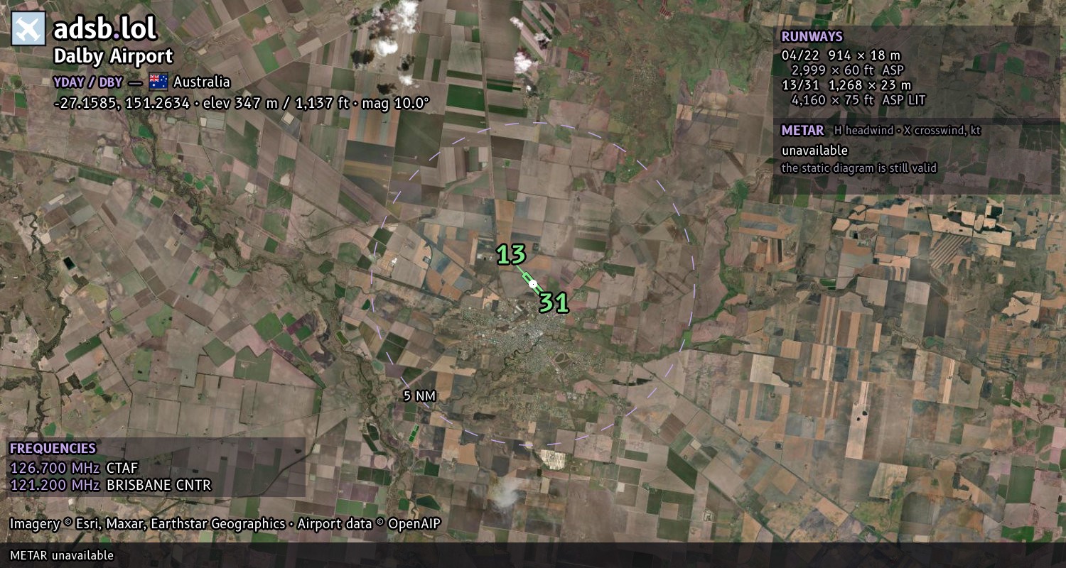 Satellite map with the runway layout of Dalby Airport (YDAY)