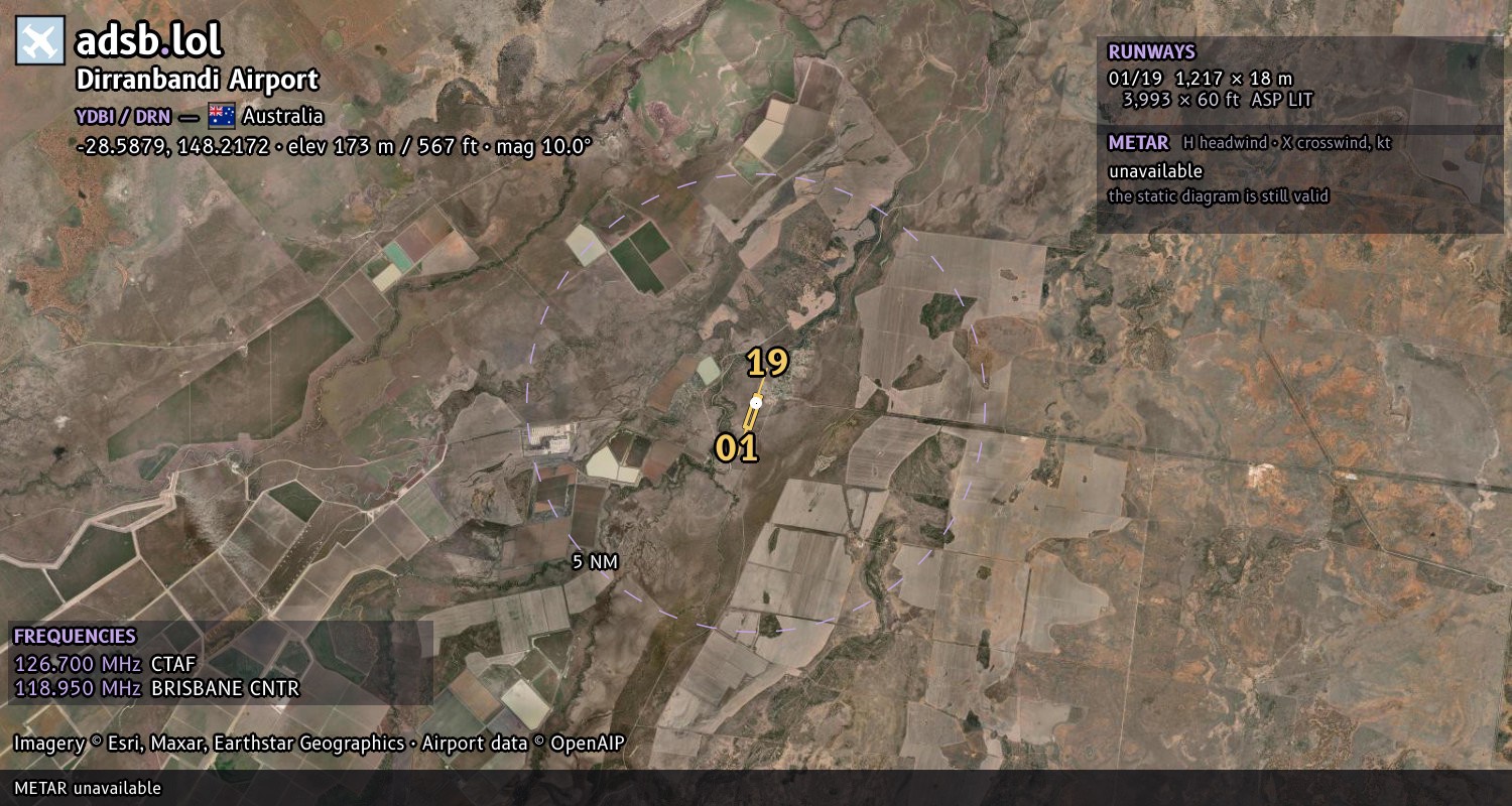 Satellite map with the runway layout of Dirranbandi Airport (YDBI)