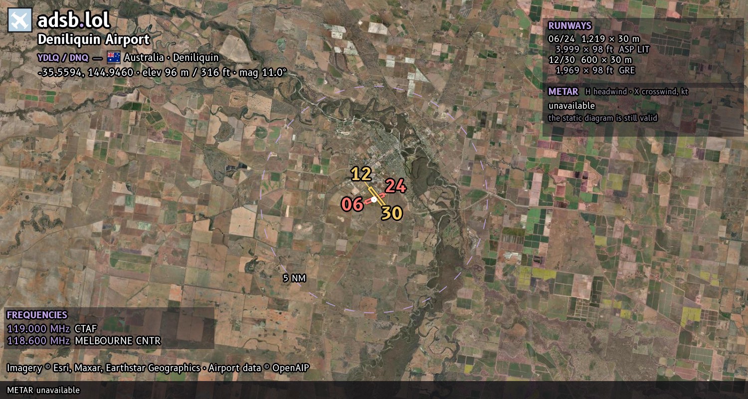 Satellite map with the runway layout of Deniliquin Airport (YDLQ)