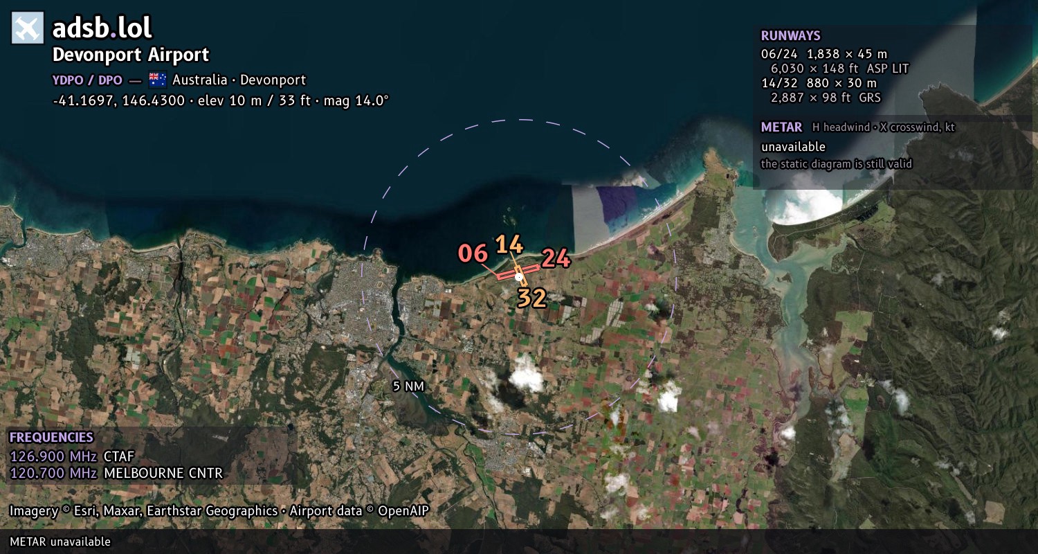 Satellite map with the runway layout of Devonport Airport (YDPO)
