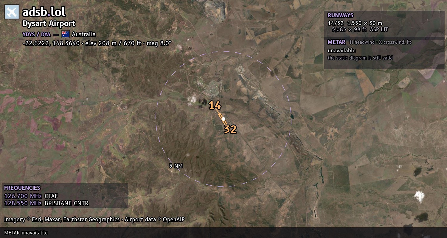 Satellite map with the runway layout of Dysart Airport (YDYS)