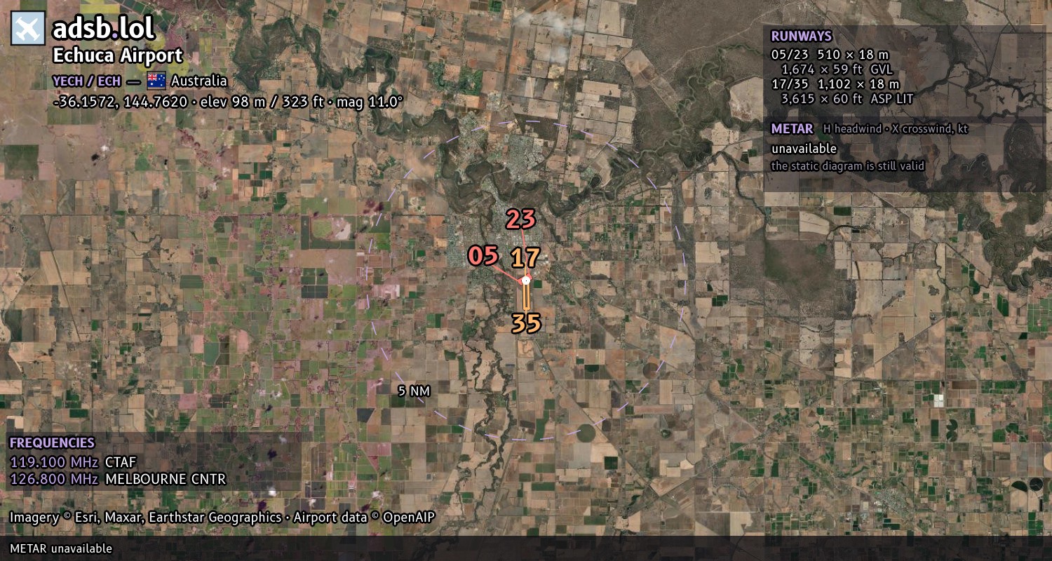 Satellite map with the runway layout of Echuca Airport (YECH)