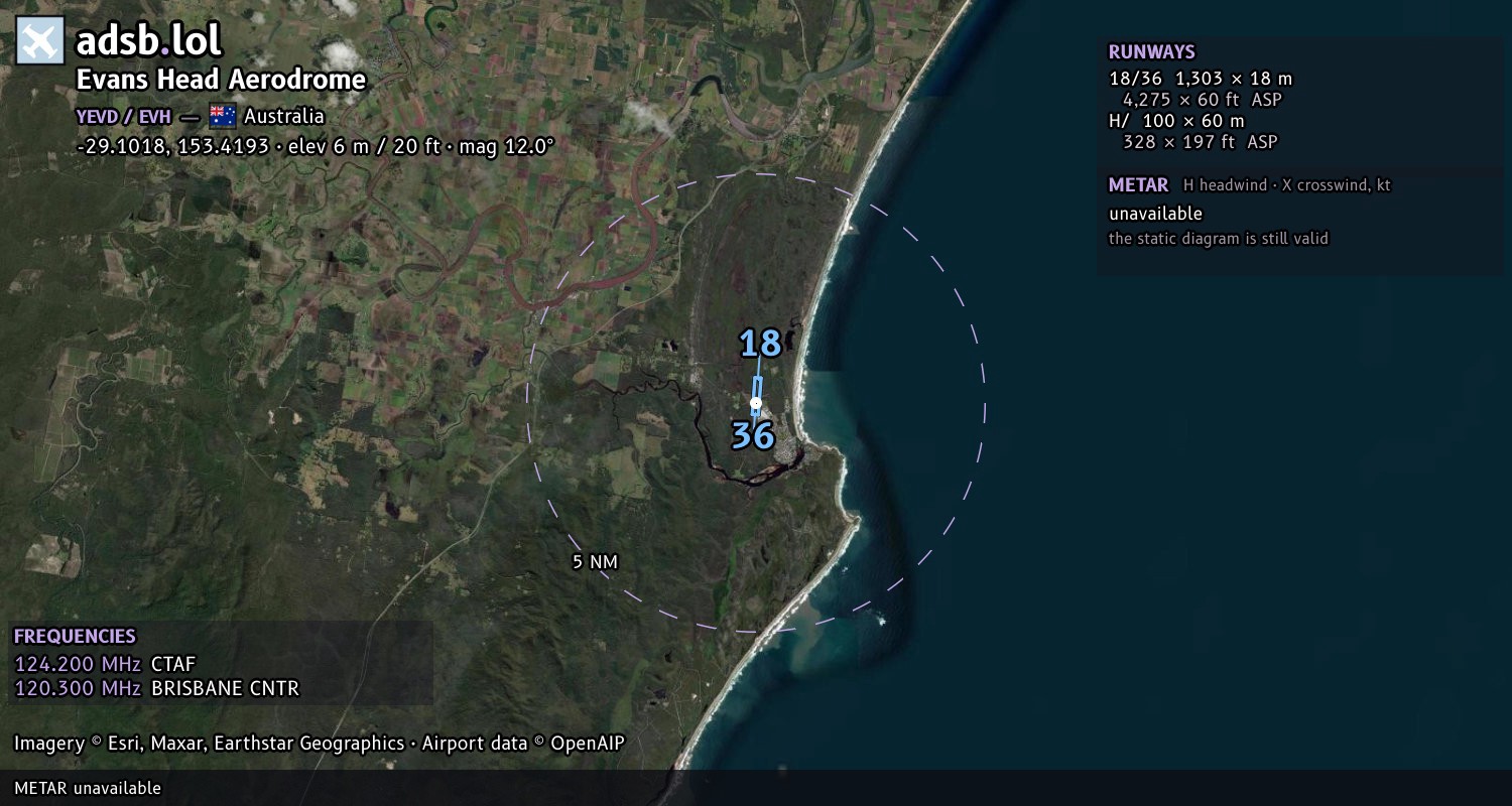 Satellite map with the runway layout of Evans Head Aerodrome (YEVD)