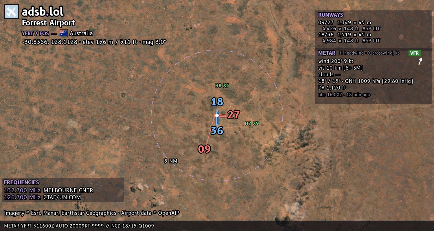 Satellite map with the runway layout of Forrest Airport (YFRT)