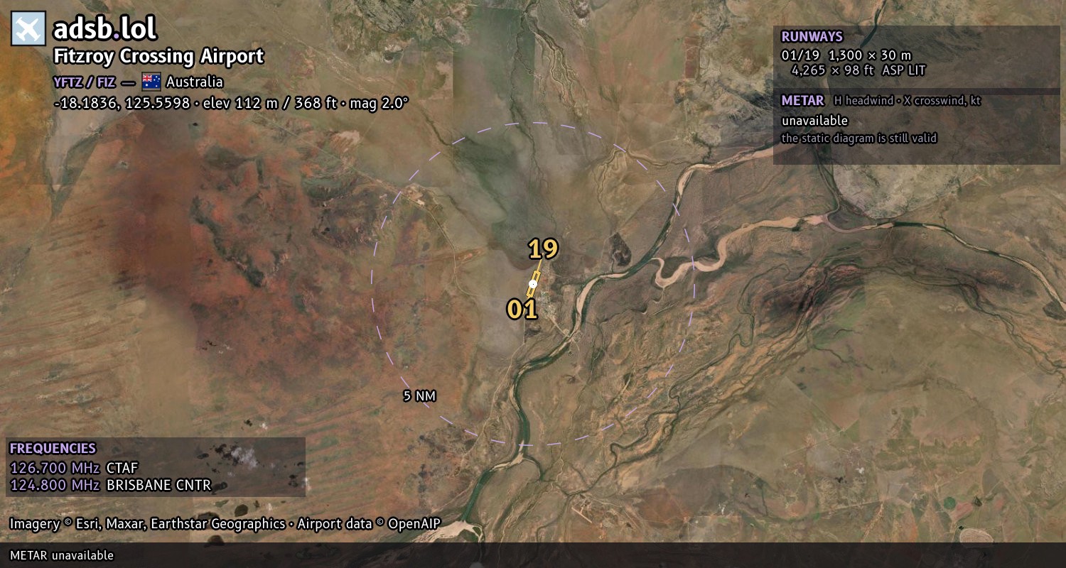Satellite map with the runway layout of Fitzroy Crossing Airport (YFTZ)