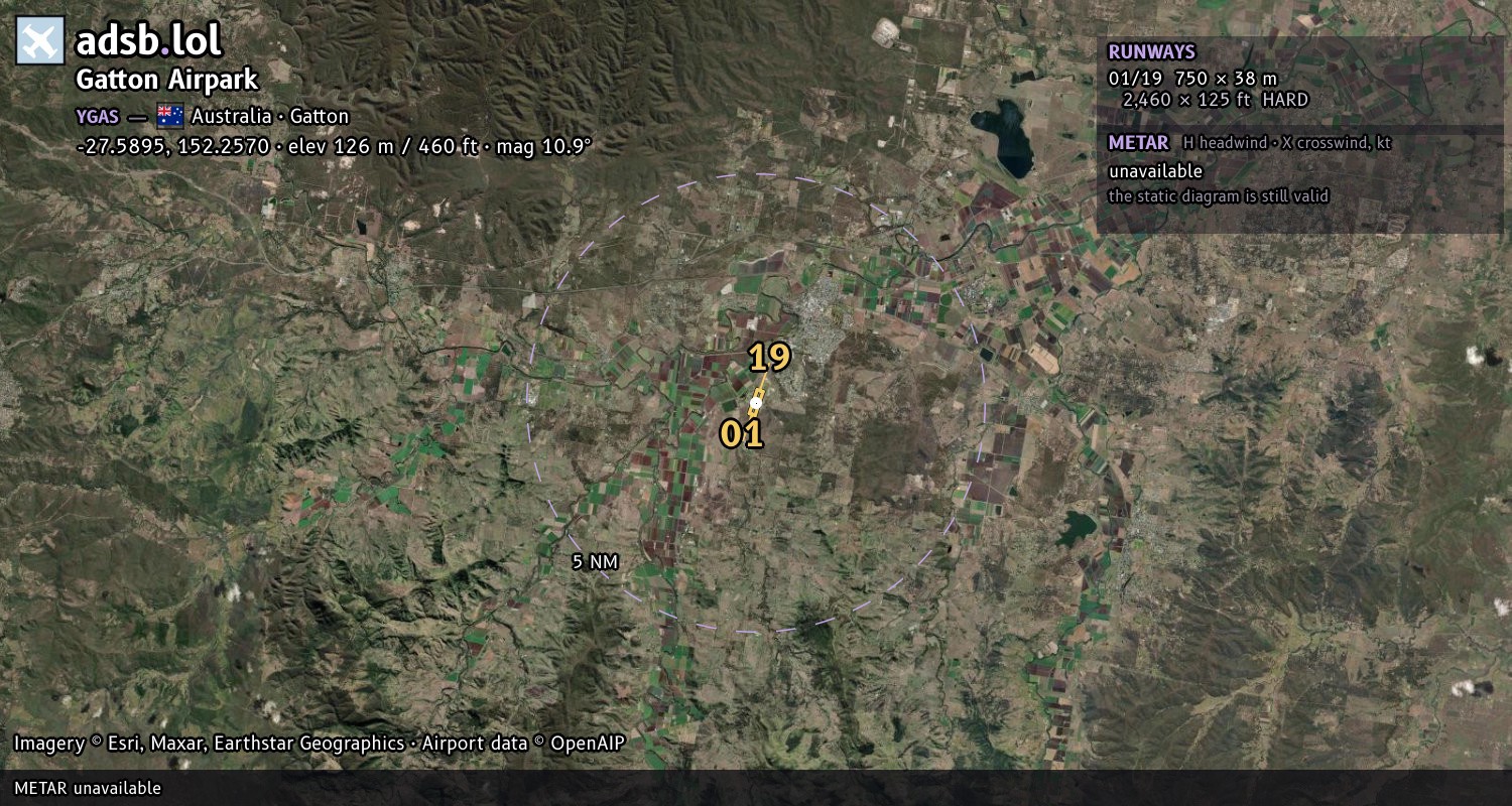 Satellite map with the runway layout of Gatton Airpark (YGAS)