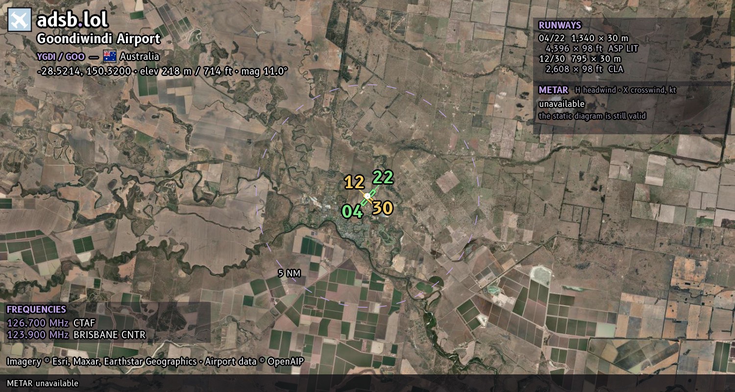Satellite map with the runway layout of Goondiwindi Airport (YGDI)