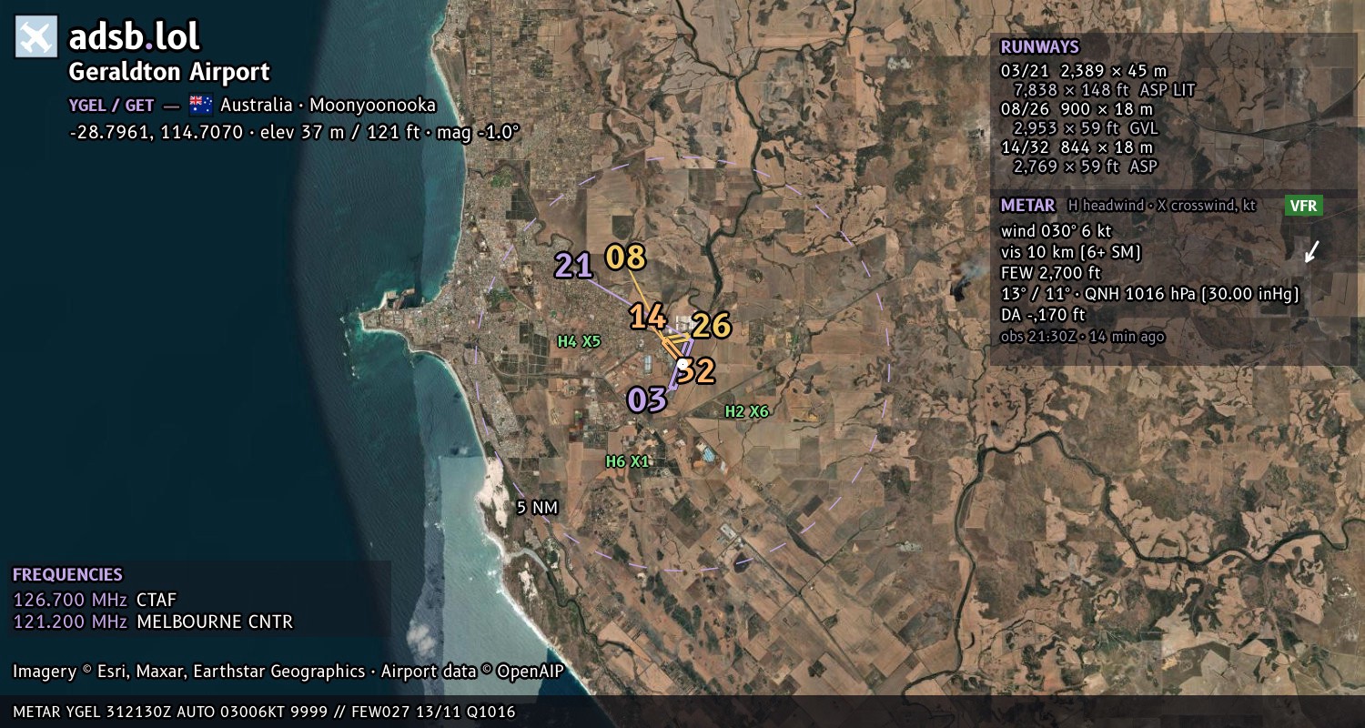 Satellite map with the runway layout of Geraldton Airport (YGEL)