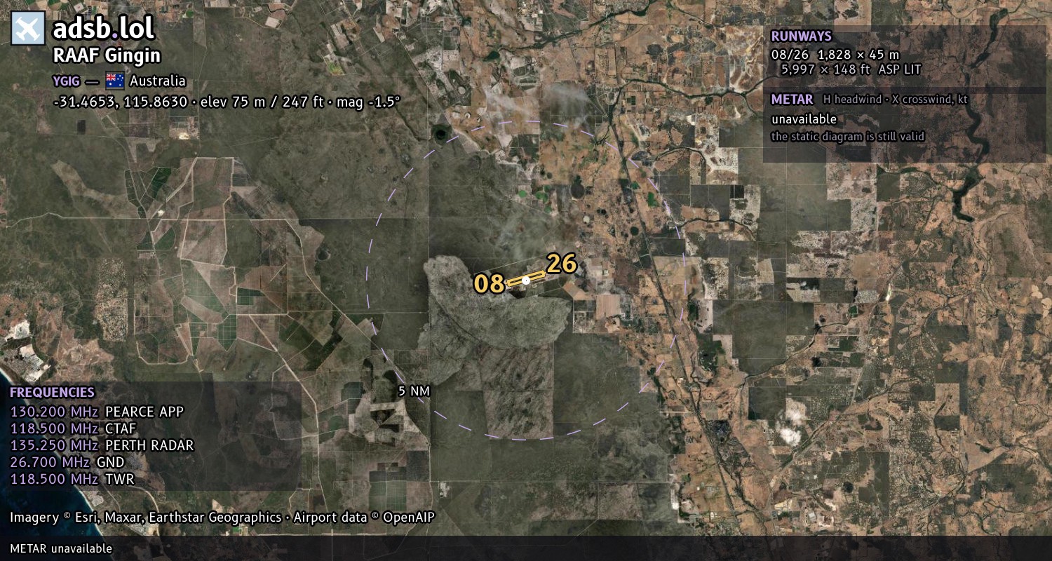 Satellite map with the runway layout of RAAF Gingin (YGIG)