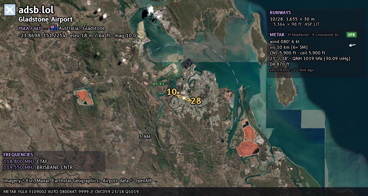 Satellite map with the runway layout of Gladstone Airport (YGLA)