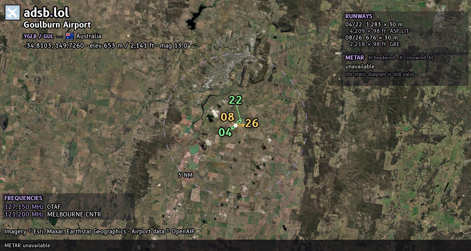 Satellite map with the runway layout of Goulburn Airport (YGLB)