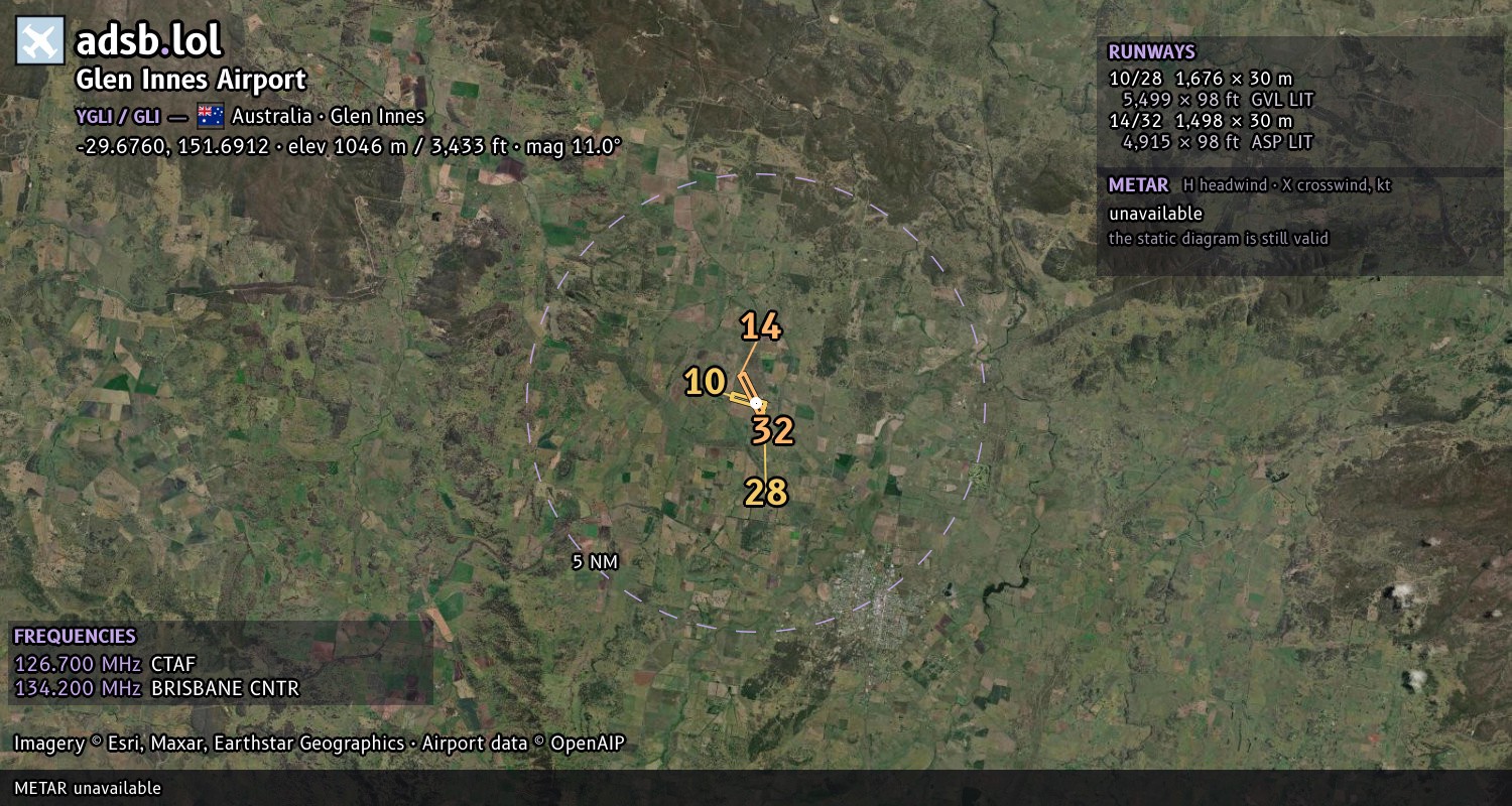 Satellite map with the runway layout of Glen Innes Airport (YGLI)