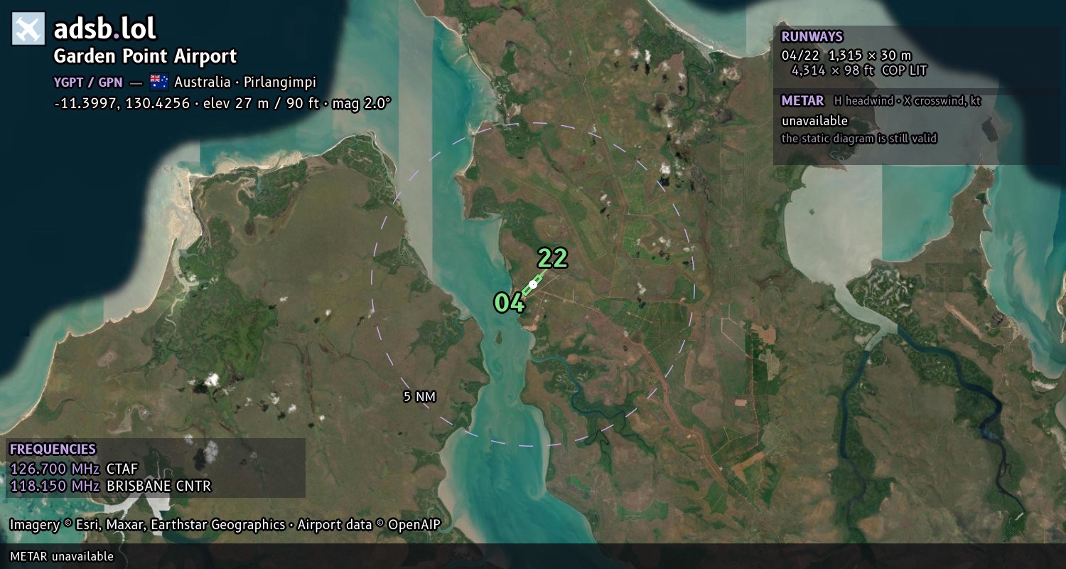 Satellite map with the runway layout of Garden Point Airport (YGPT)