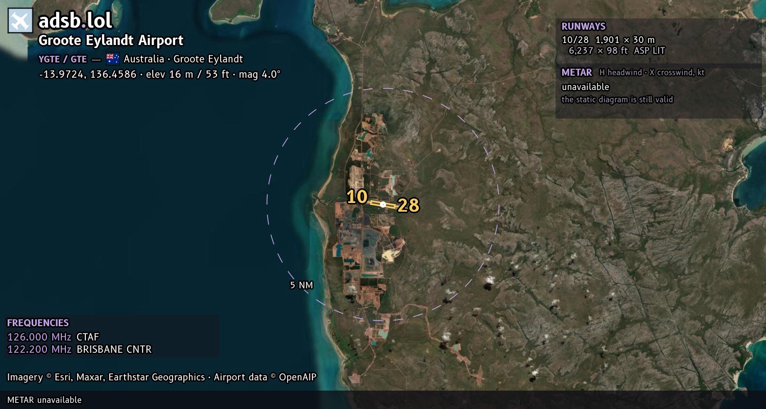Satellite map with the runway layout of Groote Eylandt Airport (YGTE)
