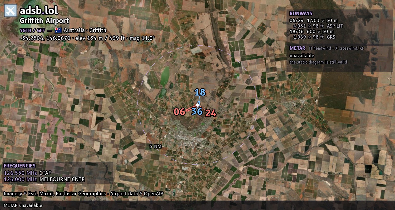 Satellite map with the runway layout of Griffith Airport (YGTH)