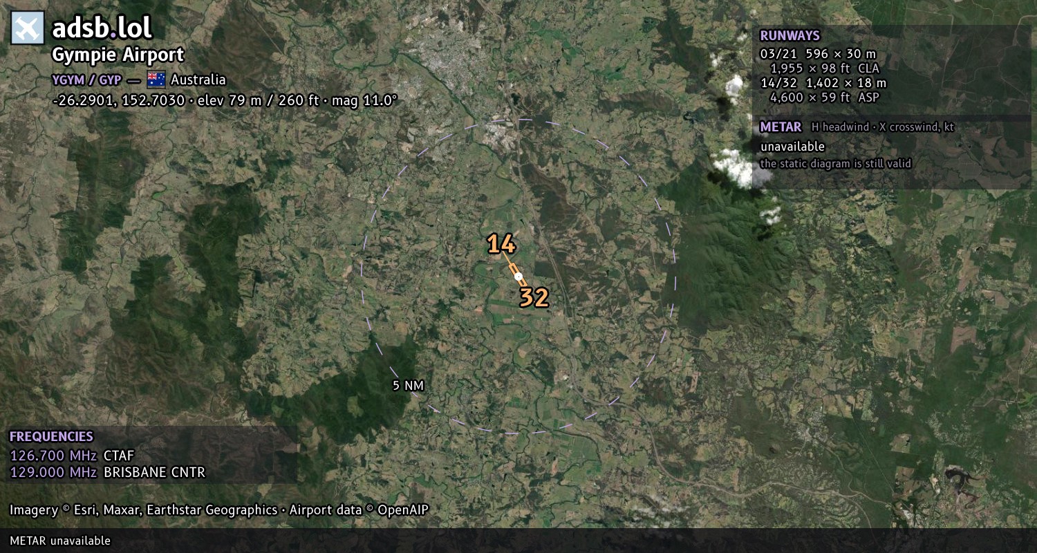 Satellite map with the runway layout of Gympie Airport (YGYM)