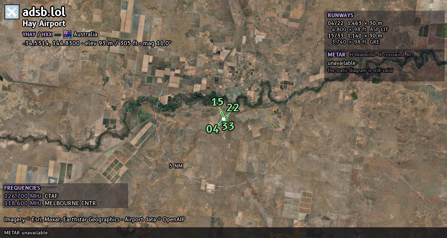 Satellite map with the runway layout of Hay Airport (YHAY)