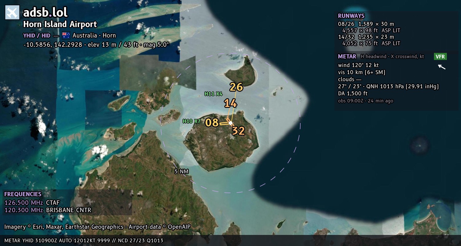 Satellite map with the runway layout of Horn Island Airport (YHID)