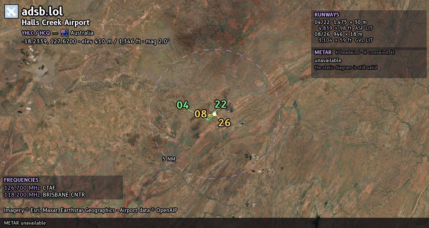 Satellite map with the runway layout of Halls Creek Airport (YHLC)