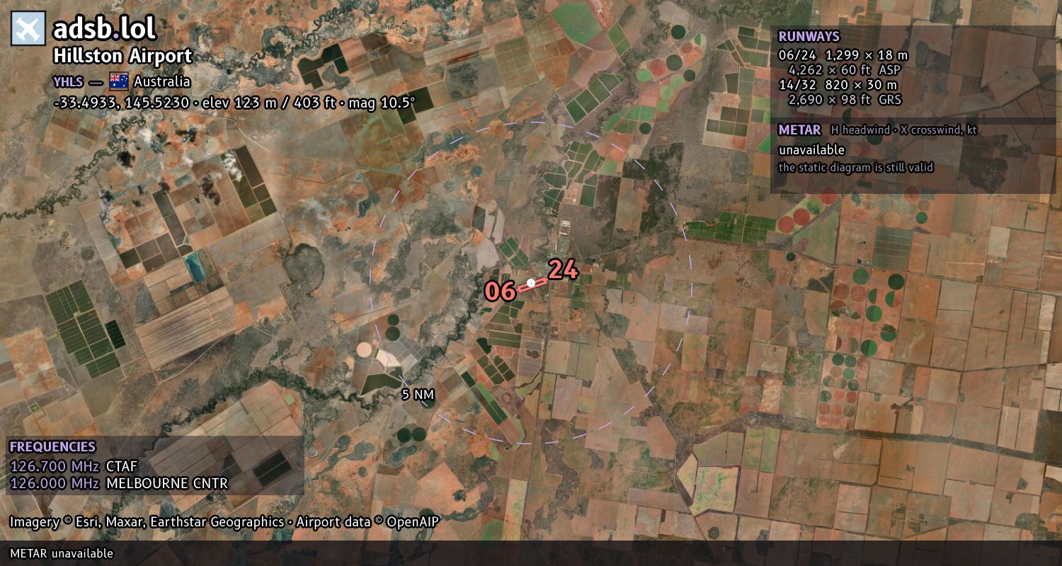 Satellite map with the runway layout of Hillston Airport (YHLS)