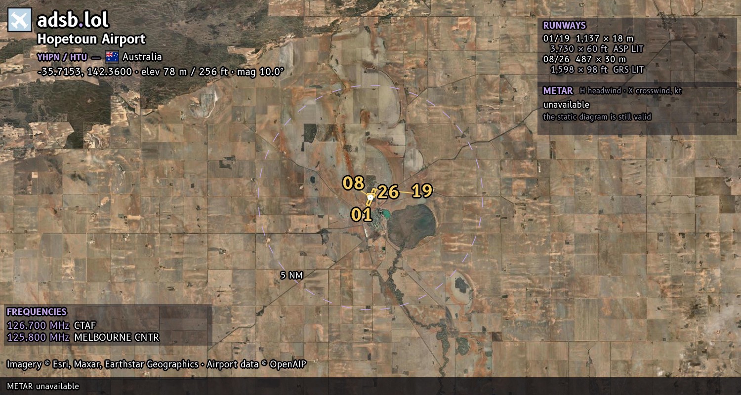 Satellite map with the runway layout of Hopetoun Airport (YHPN)