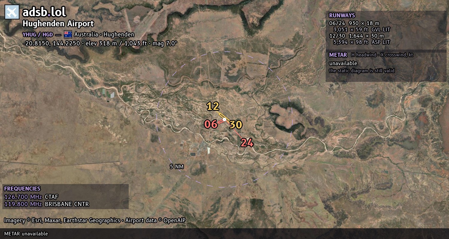 Satellite map with the runway layout of Hughenden Airport (YHUG)