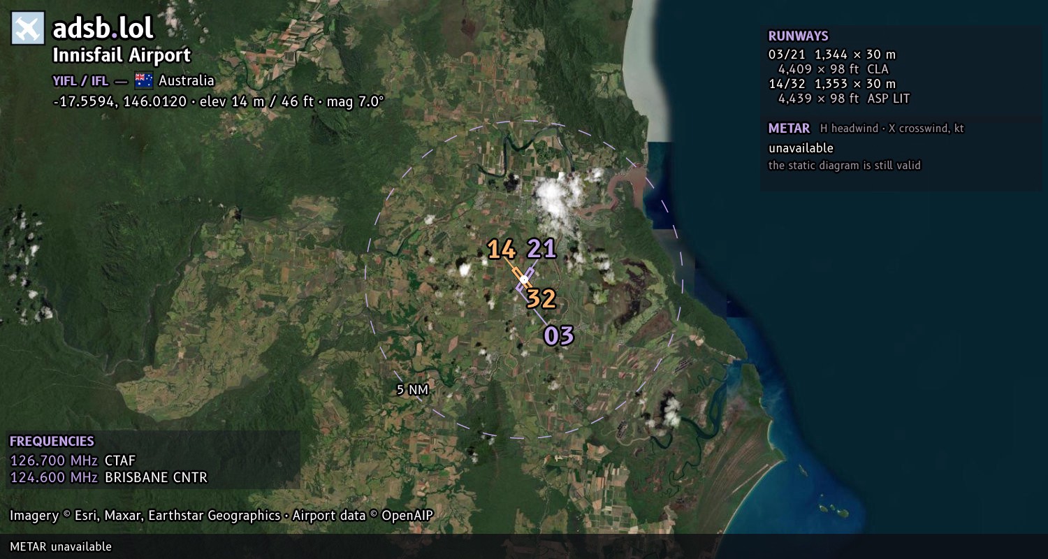 Satellite map with the runway layout of Innisfail Airport (YIFL)