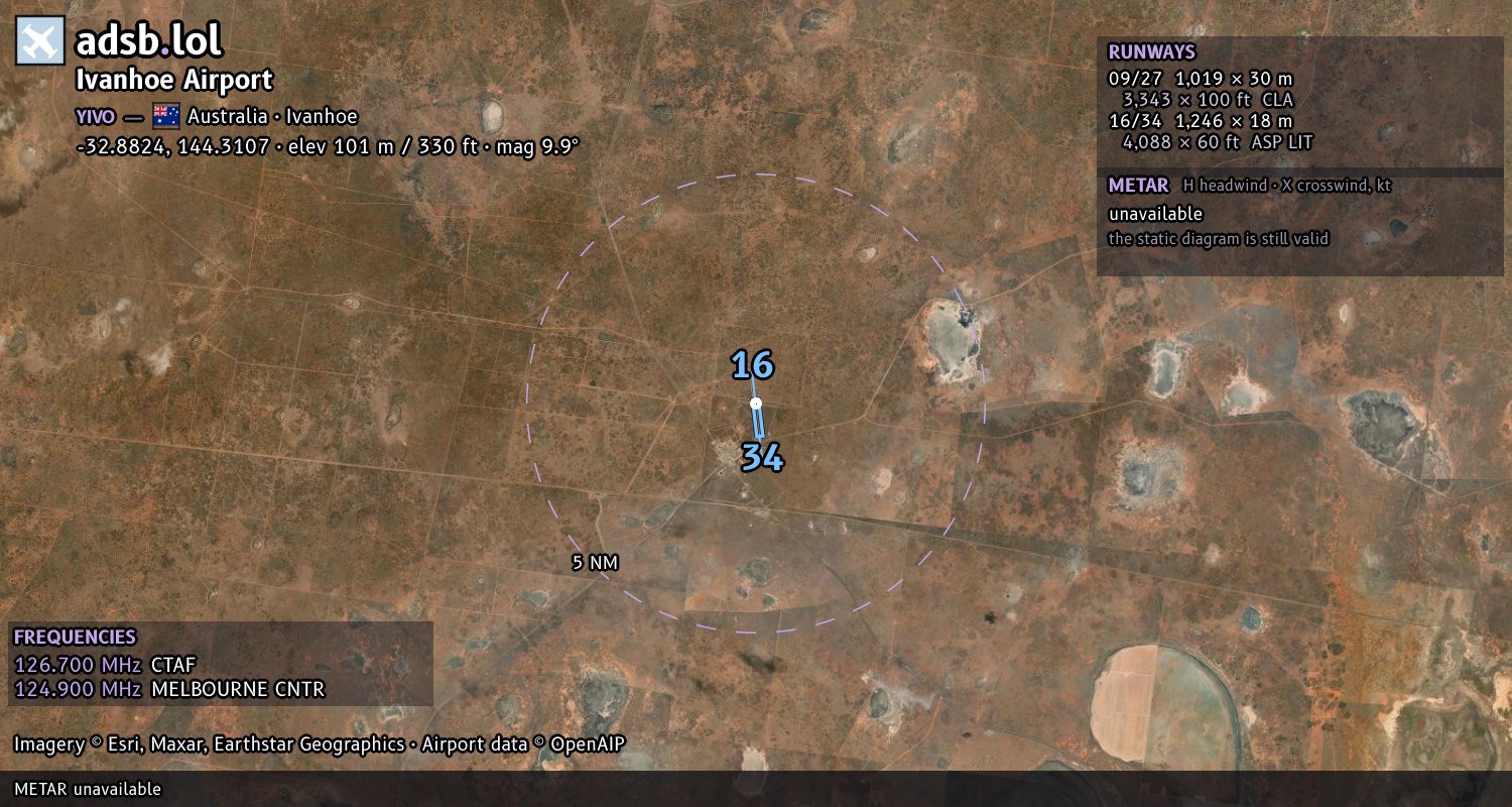 Satellite map with the runway layout of Ivanhoe Airport (YIVO)