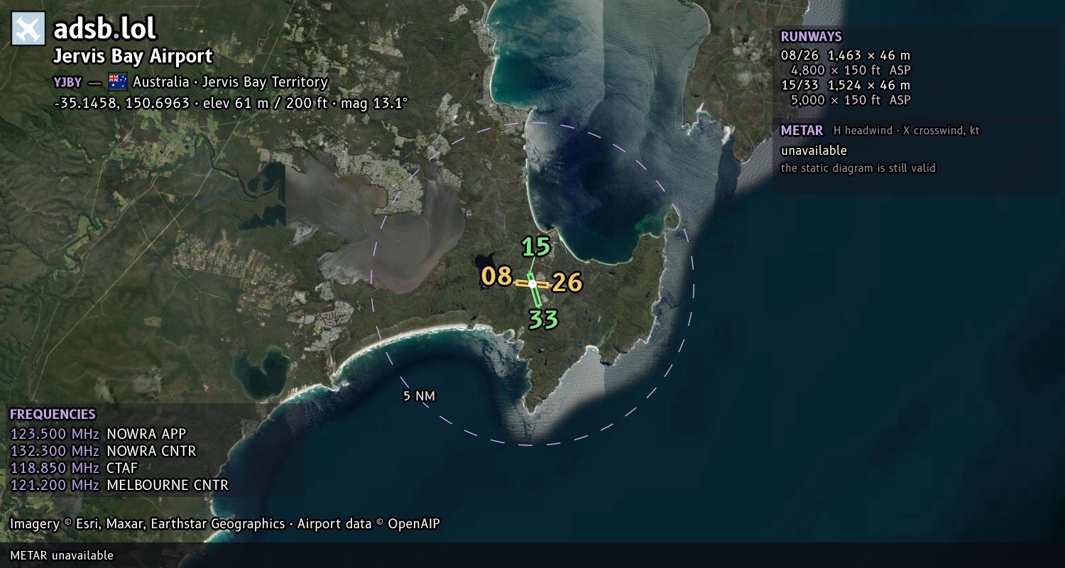 Satellite map with the runway layout of Jervis Bay Airport (YJBY)
