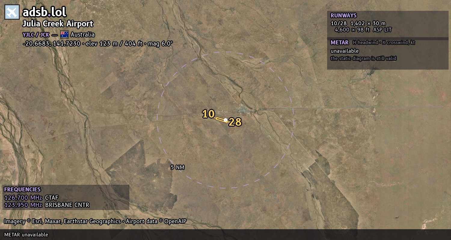 Satellite map with the runway layout of Julia Creek Airport (YJLC)